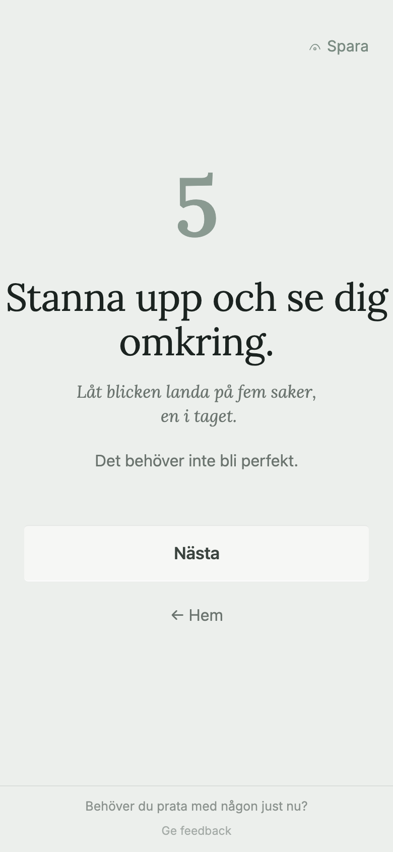 Grounding-övningen 5-4-3-2-1 i Lunden, ett steg i taget med en stor, lugn siffra.